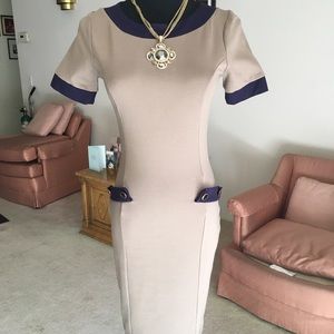 Kaki with navy blue dress